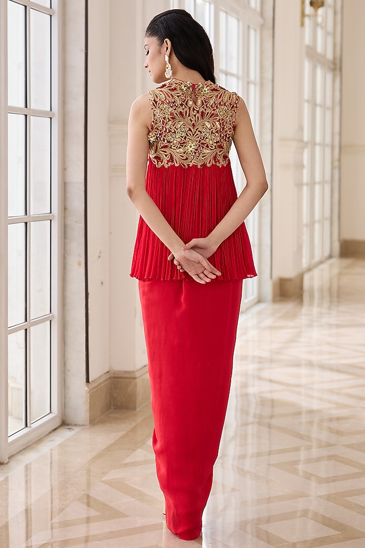 Royal Red Crepe & Chinon Draped Dhoti Skirt Set by RINESSA at Pernia's Pop Up Shop