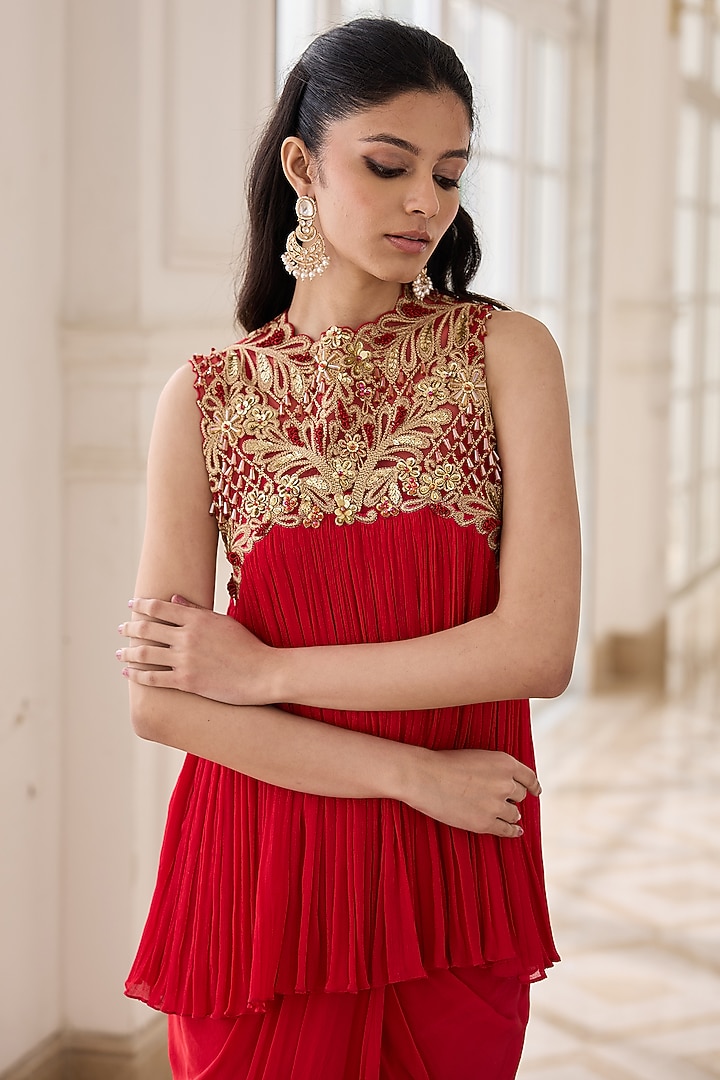 Royal Red Crepe & Chinon Draped Dhoti Skirt Set by RINESSA at Pernia's Pop Up Shop