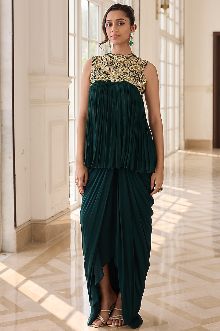 Emerald Green Crepe & Chinon Draped Dhoti Skirt Set by RINESSA at Pernia's Pop Up Shop