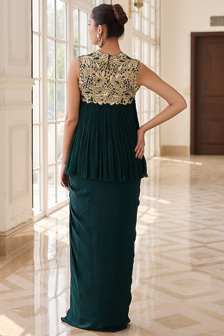 Emerald Green Crepe & Chinon Draped Dhoti Skirt Set by RINESSA at Pernia's Pop Up Shop
