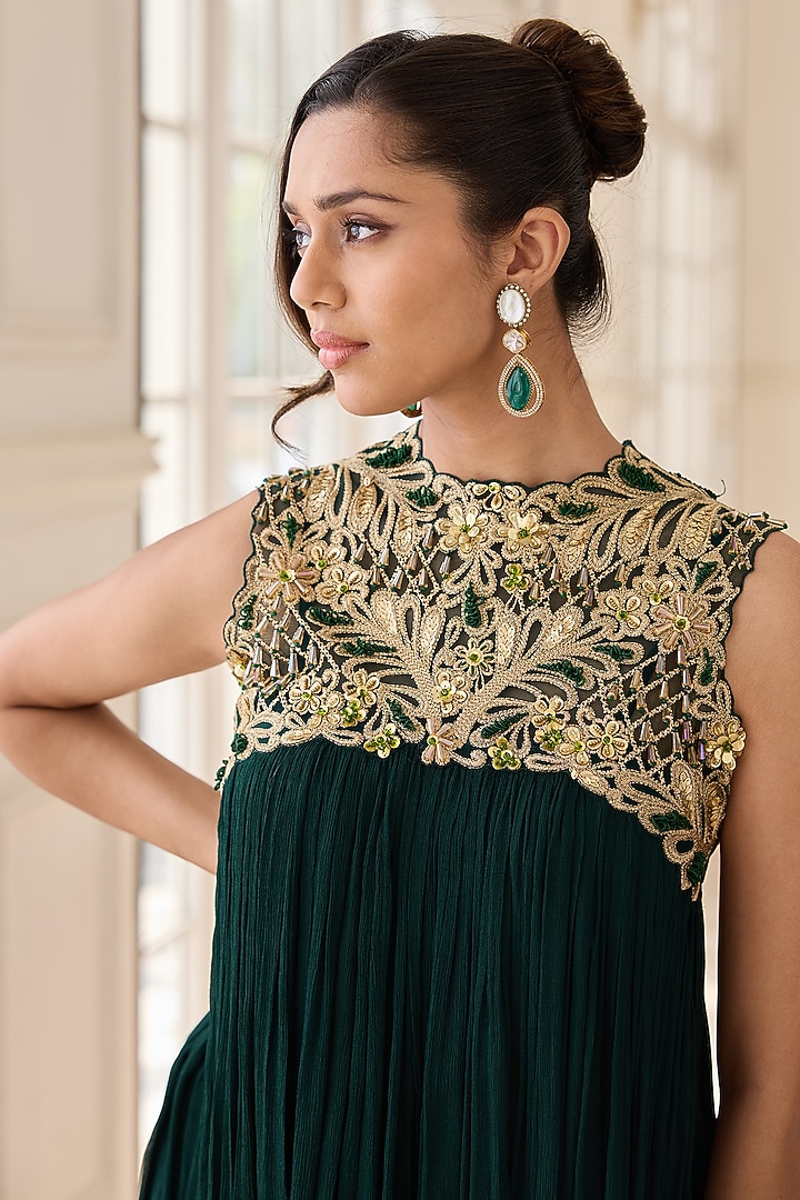 Emerald Green Crepe & Chinon Draped Dhoti Skirt Set by RINESSA at Pernia's Pop Up Shop