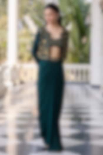 Emerald Green Raw Silk & Georgette Hand Embroidered Jacket Set by RINESSA at Pernia's Pop Up Shop