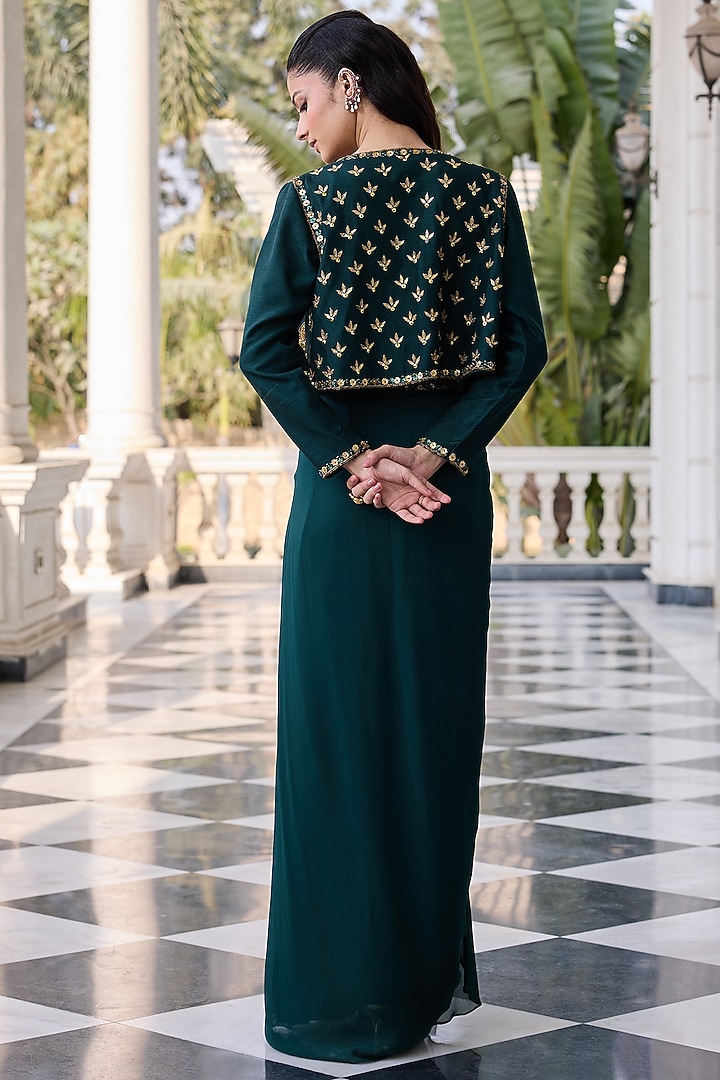 Emerald Green Raw Silk & Georgette Hand Embroidered Jacket Set by RINESSA at Pernia's Pop Up Shop