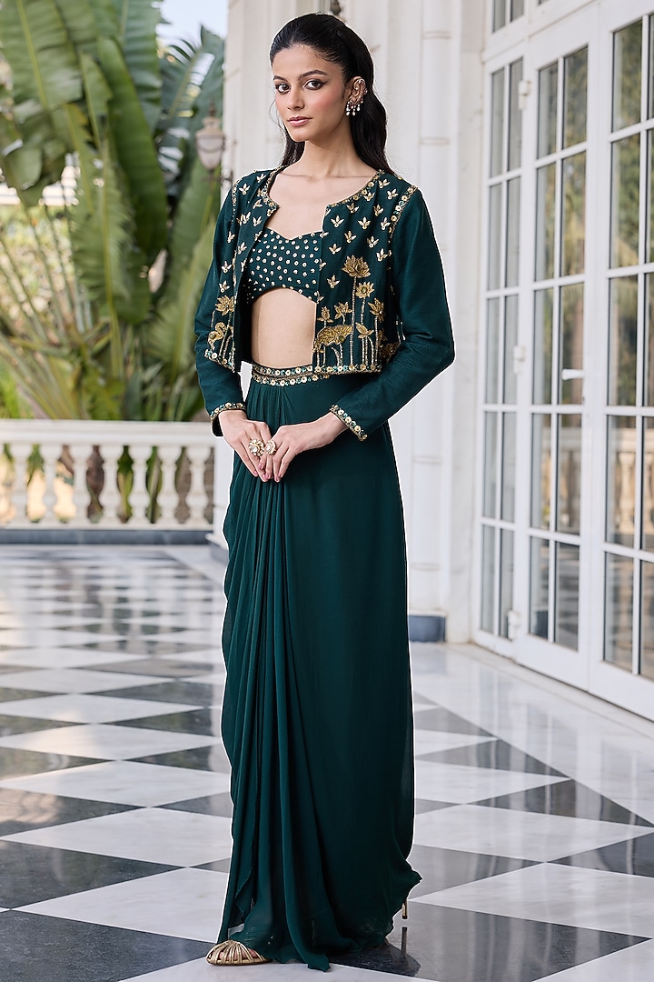 Emerald Green Raw Silk & Georgette Hand Embroidered Jacket Set by RINESSA at Pernia's Pop Up Shop
