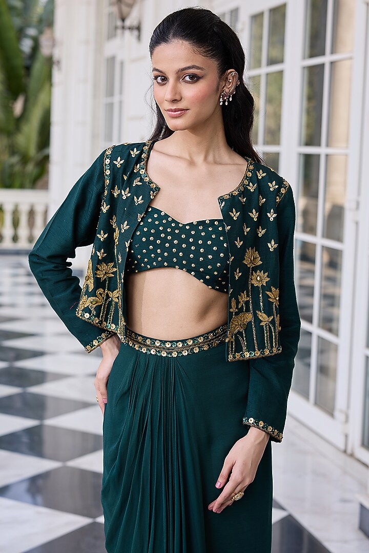 Emerald Green Raw Silk & Georgette Hand Embroidered Jacket Set by RINESSA at Pernia's Pop Up Shop