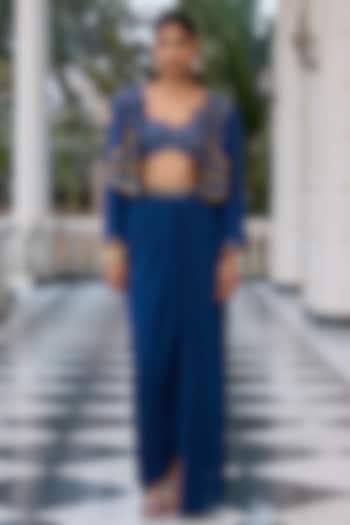 Deep Blue Raw Silk & Georgette Hand Embroidered Jacket Set by RINESSA at Pernia's Pop Up Shop