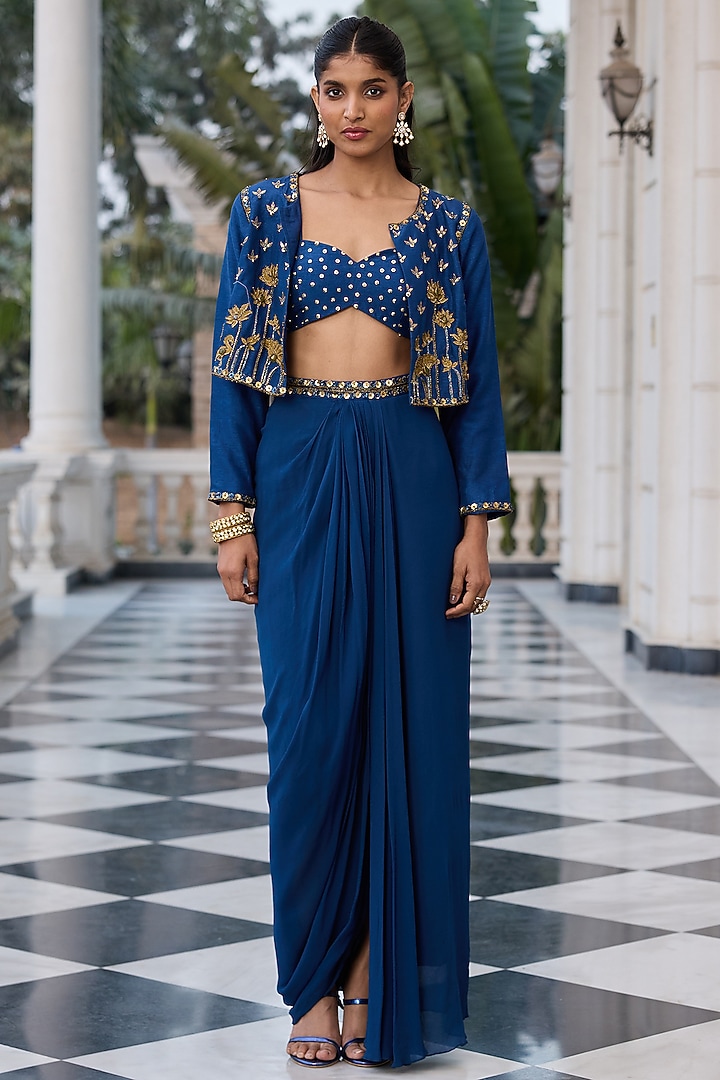 Deep Blue Raw Silk & Georgette Hand Embroidered Jacket Set by RINESSA at Pernia's Pop Up Shop