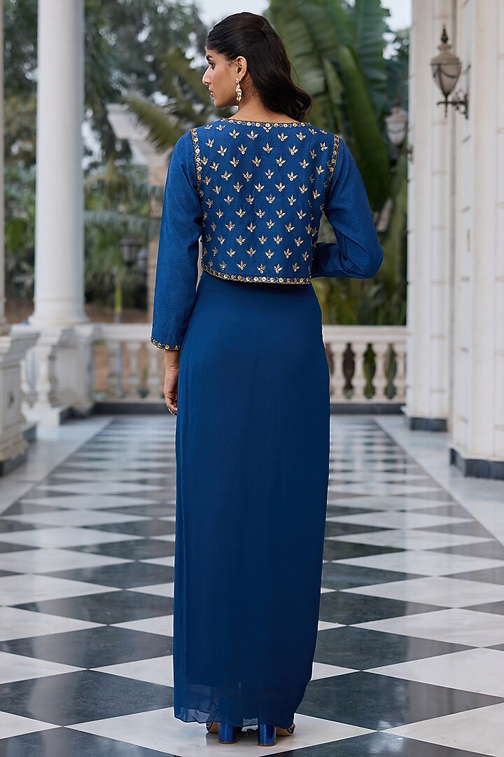 Deep Blue Raw Silk & Georgette Hand Embroidered Jacket Set by RINESSA at Pernia's Pop Up Shop