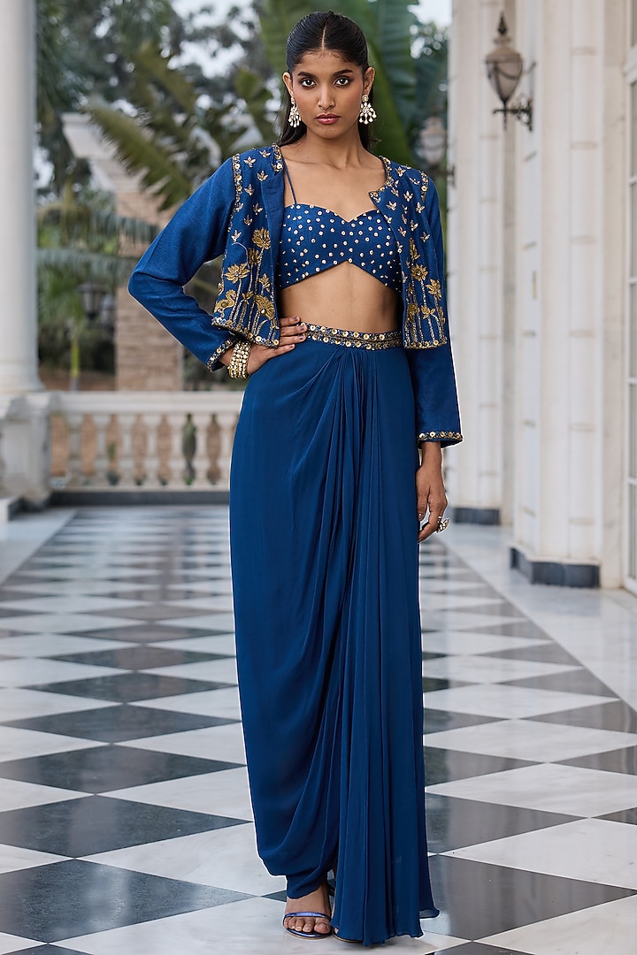 Deep Blue Raw Silk & Georgette Hand Embroidered Jacket Set by RINESSA at Pernia's Pop Up Shop