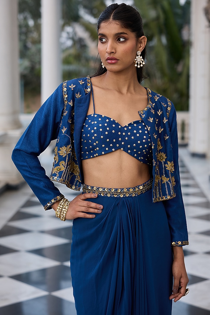 Deep Blue Raw Silk & Georgette Hand Embroidered Jacket Set by RINESSA at Pernia's Pop Up Shop
