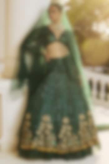 Emerald Green Dupion Silk & Net Hand Embroidered Wedding Lehenga Set by RINESSA at Pernia's Pop Up Shop
