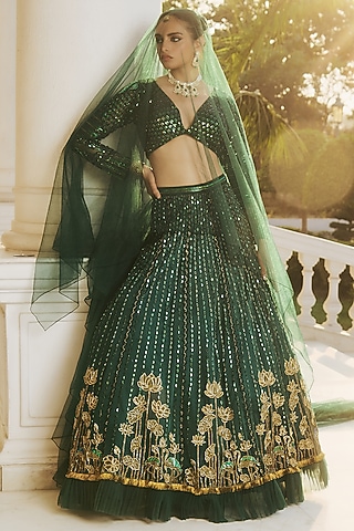 Emerald Green Dupion Silk & Net Hand Embroidered Lehenga Set by RINESSA
