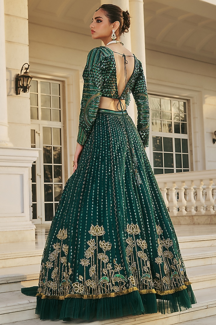 Emerald Green Dupion Silk & Net Hand Embroidered Wedding Lehenga Set by RINESSA at Pernia's Pop Up Shop