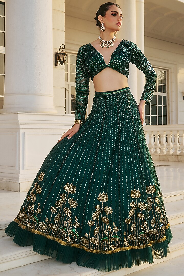 Emerald Green Dupion Silk & Net Hand Embroidered Wedding Lehenga Set by RINESSA at Pernia's Pop Up Shop