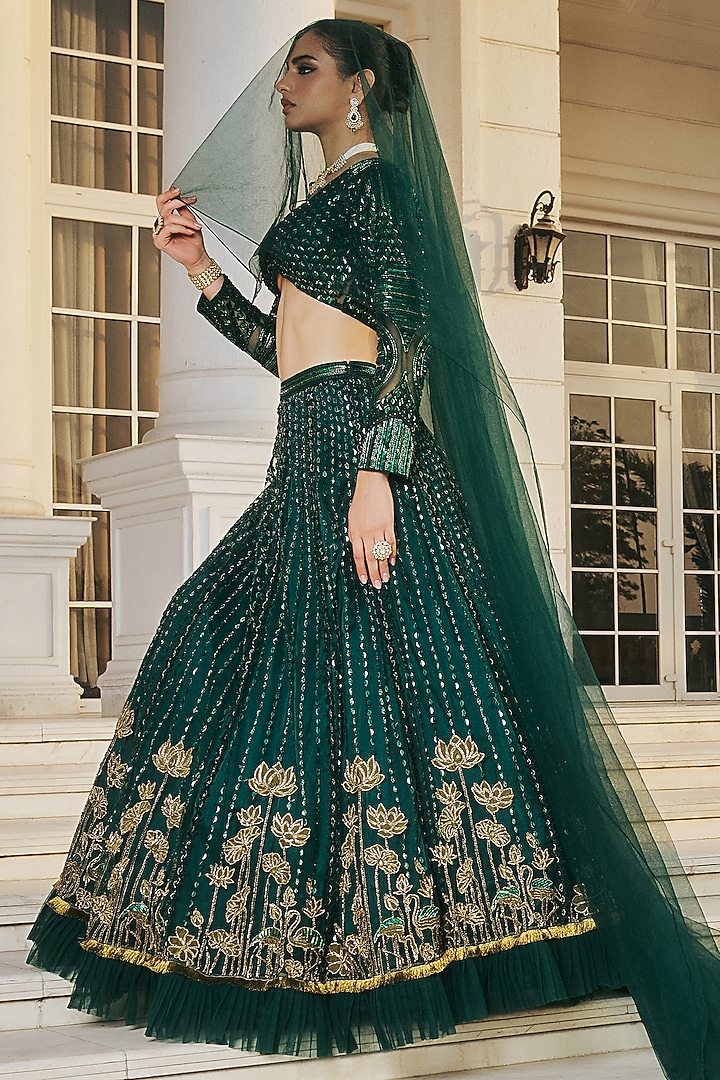 Emerald Green Dupion Silk & Net Hand Embroidered Wedding Lehenga Set by RINESSA at Pernia's Pop Up Shop