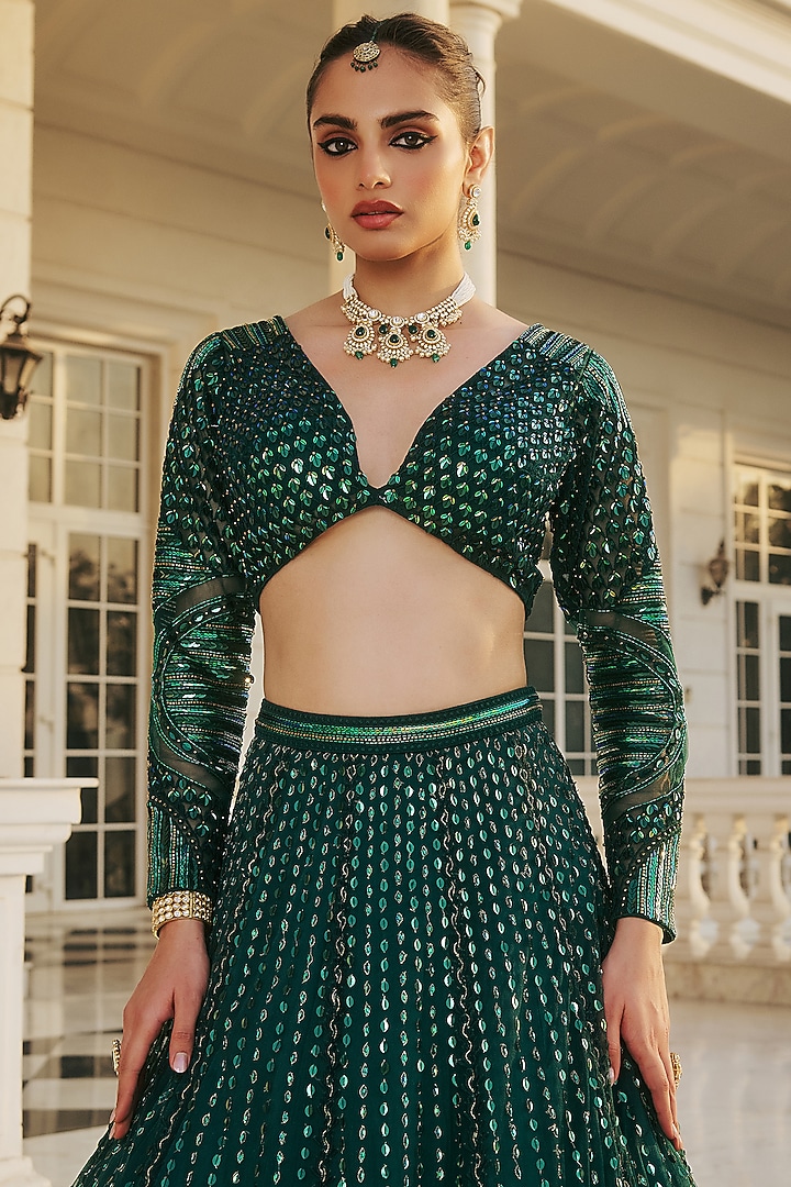 Emerald Green Dupion Silk & Net Hand Embroidered Wedding Lehenga Set by RINESSA at Pernia's Pop Up Shop