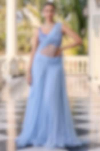 Sky Blue Soft Net & Shantoon Draped Party Wear Saree Set by RINESSA at Pernia's Pop Up Shop