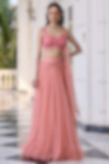 Peach Soft Net & Shantoon Draped Party Wear Saree Set by RINESSA at Pernia's Pop Up Shop