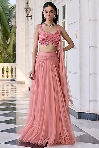 Peach Soft Net & Shantoon Draped Saree Set by RINESSA