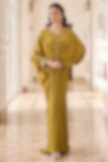 Olive Crepe & Net Hand Embellished Kaftan by RINESSA at Pernia's Pop Up Shop