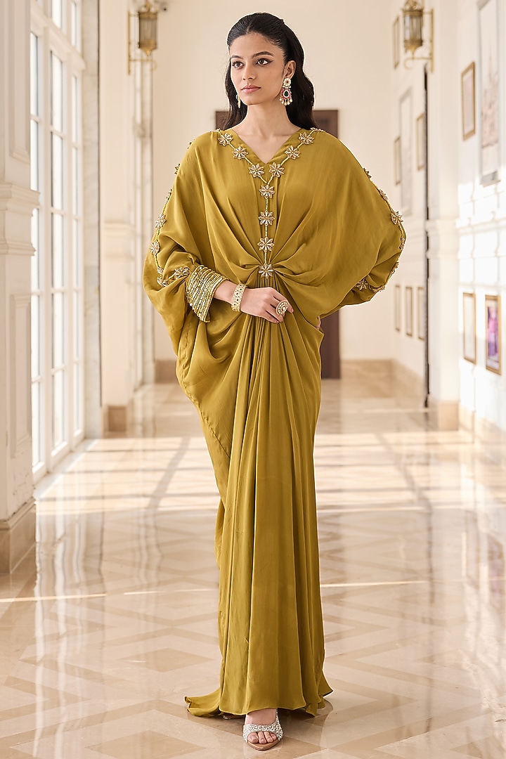Olive Crepe & Net Hand Embellished Kaftan by RINESSA at Pernia's Pop Up Shop