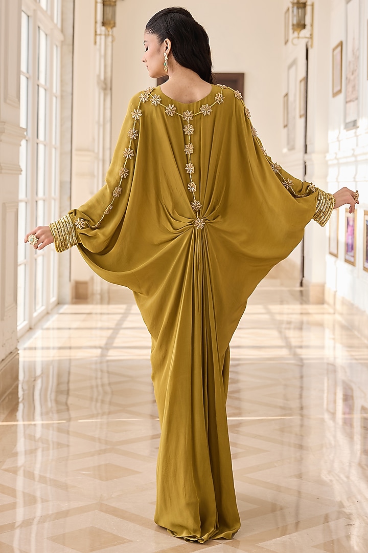 Olive Crepe & Net Hand Embellished Kaftan by RINESSA at Pernia's Pop Up Shop