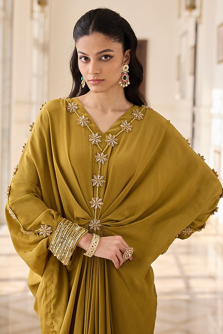 Olive Crepe & Net Hand Embellished Kaftan by RINESSA at Pernia's Pop Up Shop
