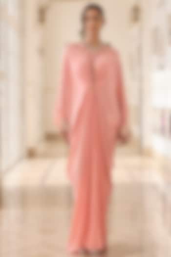 Peach Crepe & Net Hand Embellished Kaftan by RINESSA at Pernia's Pop Up Shop