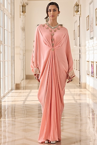 Peach Crepe & Net Hand Embellished Kaftan by RINESSA