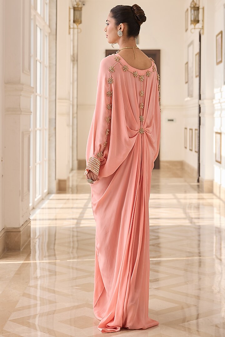 Peach Crepe & Net Hand Embellished Kaftan by RINESSA at Pernia's Pop Up Shop