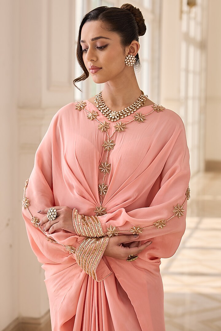 Peach Crepe & Net Hand Embellished Kaftan by RINESSA at Pernia's Pop Up Shop