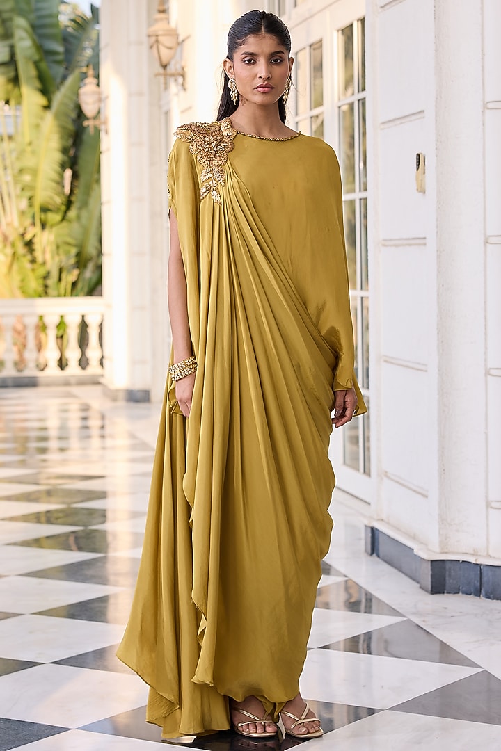 Olive Crepe Hand Embellished Kaftan Set by RINESSA at Pernia's Pop Up Shop