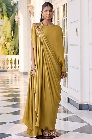 Olive Crepe Hand Embellished Kaftan Set by RINESSA
