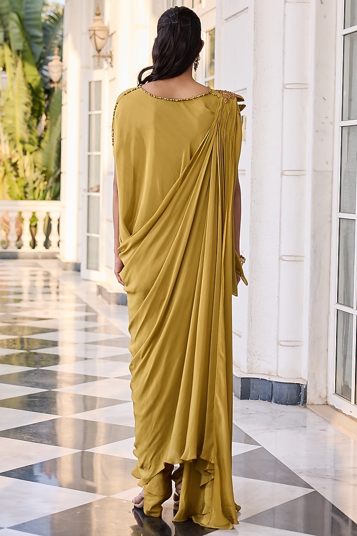 Olive Crepe Hand Embellished Kaftan Set by RINESSA at Pernia's Pop Up Shop