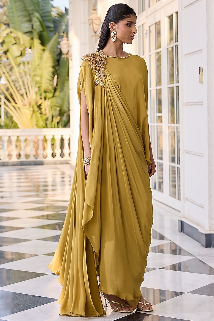 Olive Crepe Hand Embellished Kaftan Set by RINESSA at Pernia's Pop Up Shop