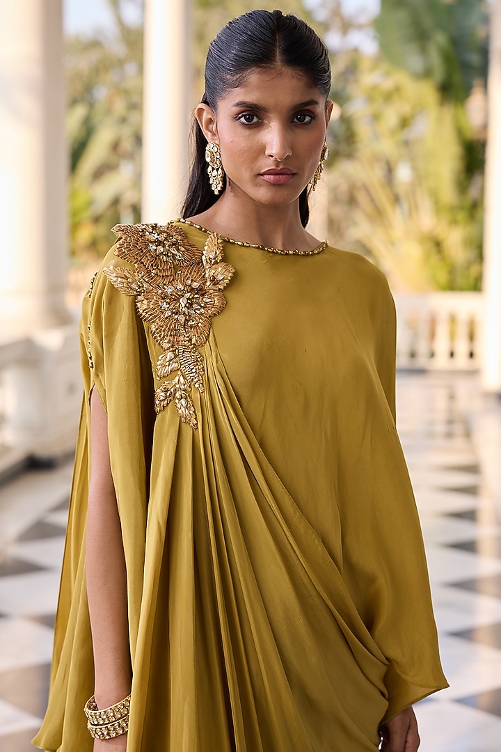 Olive Crepe Hand Embellished Kaftan Set by RINESSA at Pernia's Pop Up Shop