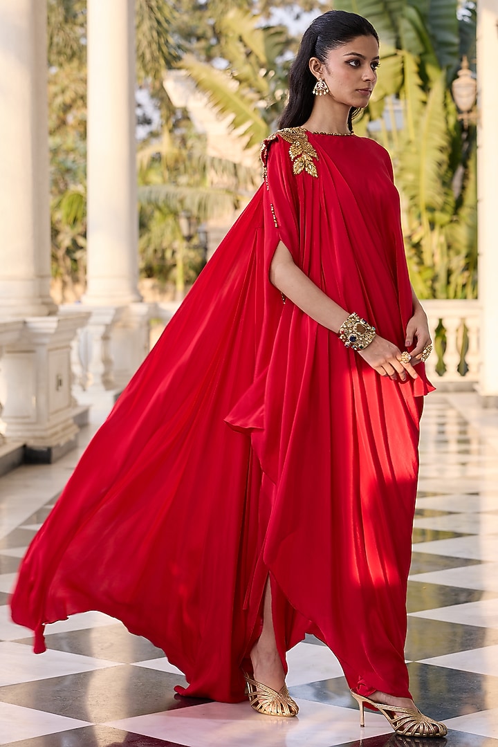 Royal Red Crepe Hand Embellished Kaftan Set by RINESSA at Pernia's Pop Up Shop