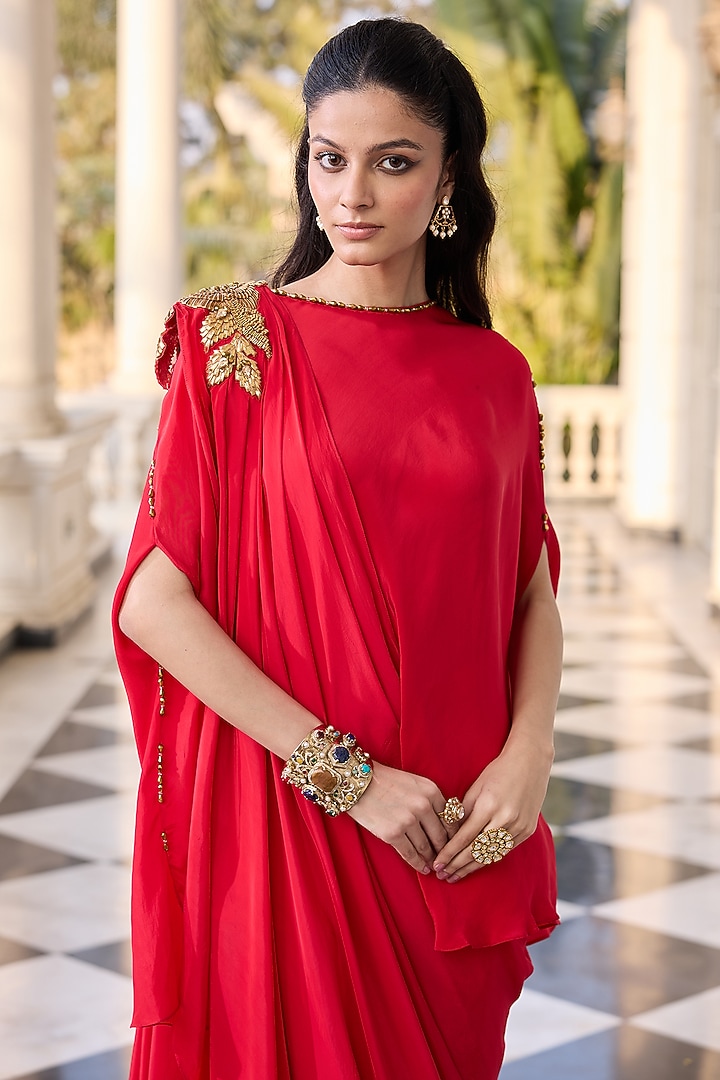 Royal Red Crepe Hand Embellished Kaftan Set by RINESSA at Pernia's Pop Up Shop