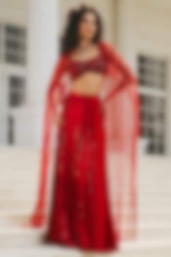 Royal Red Glass Organza & Shantoon Pleated Skirt Set by RINESSA at Pernia's Pop Up Shop