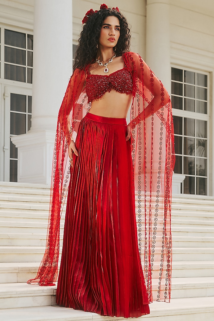 Royal Red Glass Organza & Shantoon Pleated Skirt Set by RINESSA at Pernia's Pop Up Shop