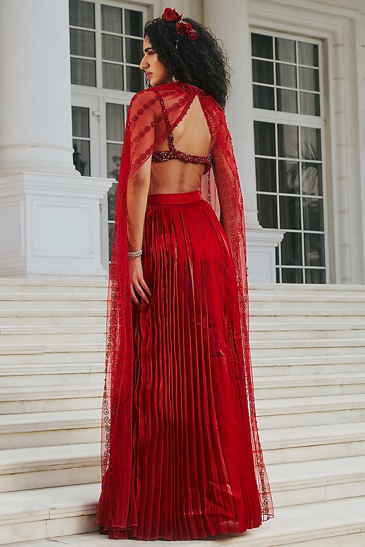 Royal Red Glass Organza & Shantoon Pleated Skirt Set by RINESSA at Pernia's Pop Up Shop