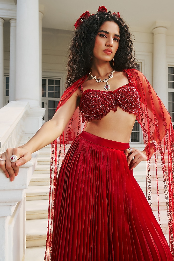 Royal Red Glass Organza & Shantoon Pleated Skirt Set by RINESSA at Pernia's Pop Up Shop