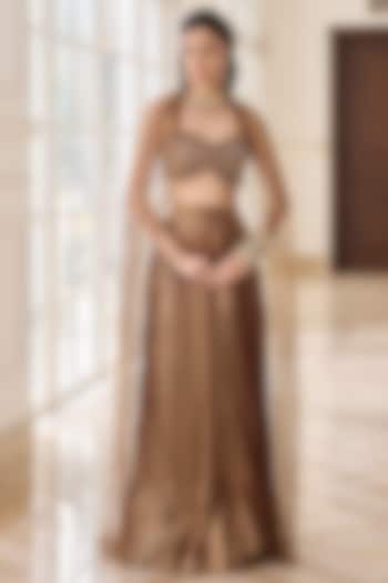 Gold Glass Organza & Shantoon Pleated Skirt Set by RINESSA at Pernia's Pop Up Shop