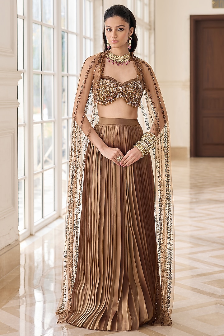Gold Glass Organza & Shantoon Pleated Skirt Set by RINESSA at Pernia's Pop Up Shop
