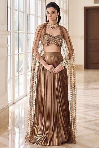 Gold Glass Organza & Shantoon Pleated Skirt Set by RINESSA