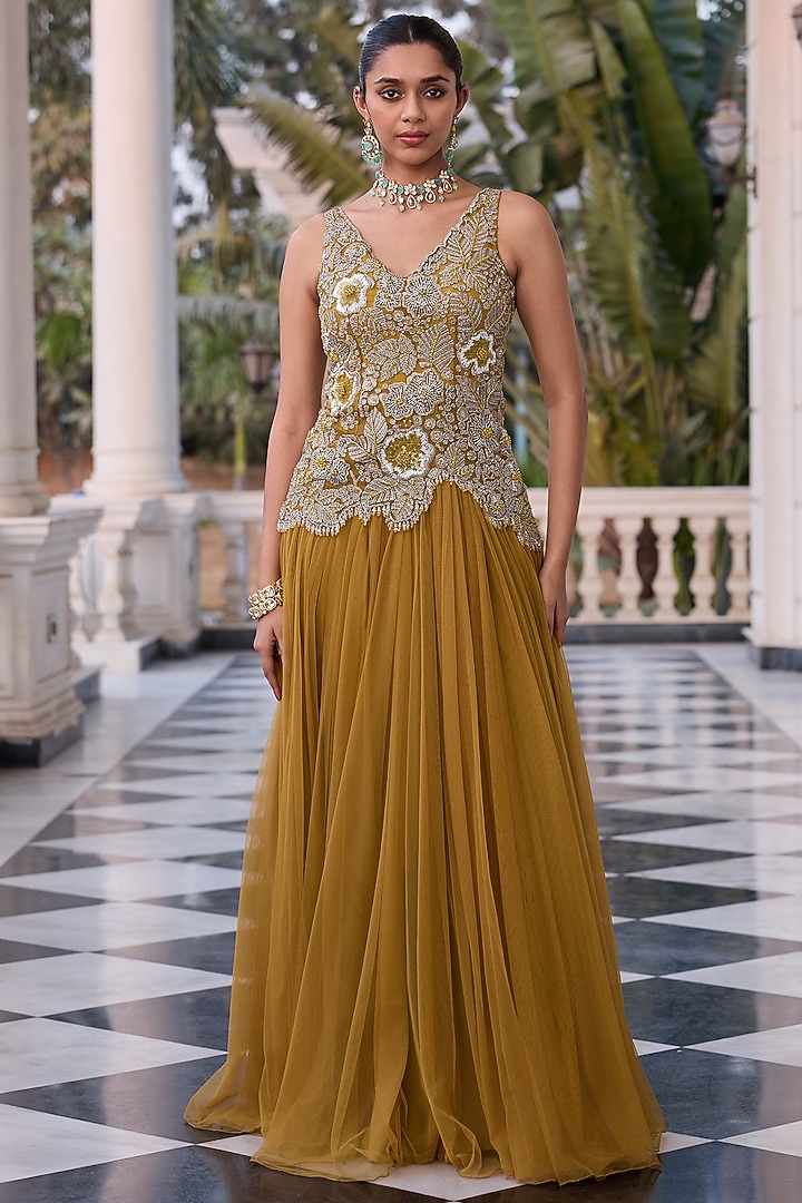 Olive Organza & Soft Net Hand Embroidered Wedding Anarkali by RINESSA at Pernia's Pop Up Shop