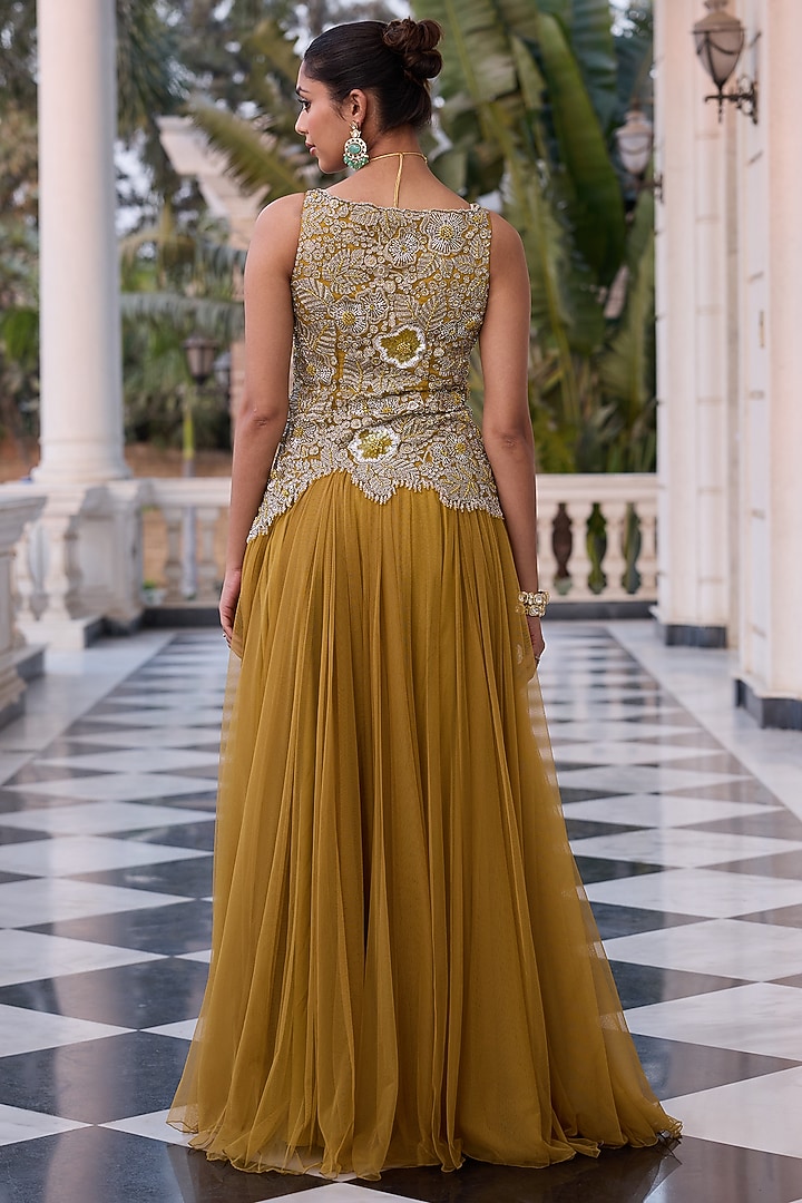 Olive Organza & Soft Net Hand Embroidered Wedding Anarkali by RINESSA at Pernia's Pop Up Shop