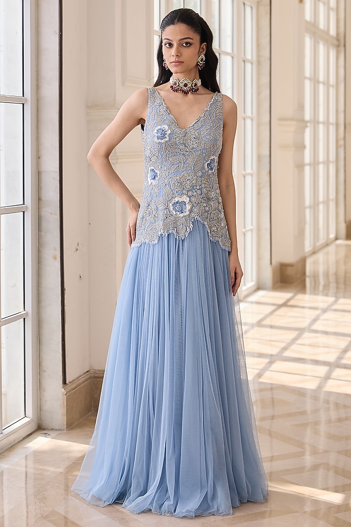 Lavender Blue Organza & Soft Net Hand Embroidered Wedding Anarkali by RINESSA at Pernia's Pop Up Shop