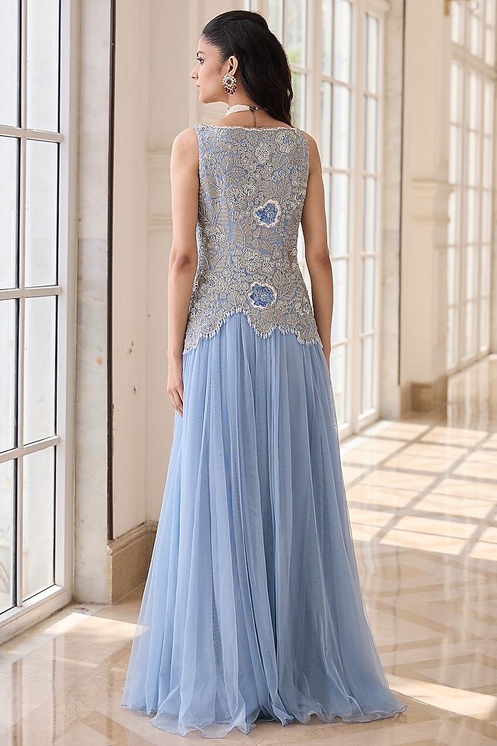 Lavender Blue Organza & Soft Net Hand Embroidered Wedding Anarkali by RINESSA at Pernia's Pop Up Shop