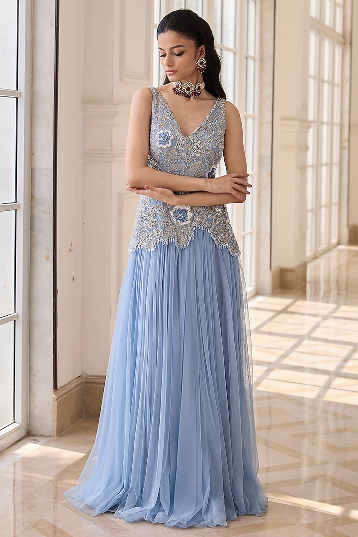 Lavender Blue Organza & Soft Net Hand Embroidered Wedding Anarkali by RINESSA at Pernia's Pop Up Shop